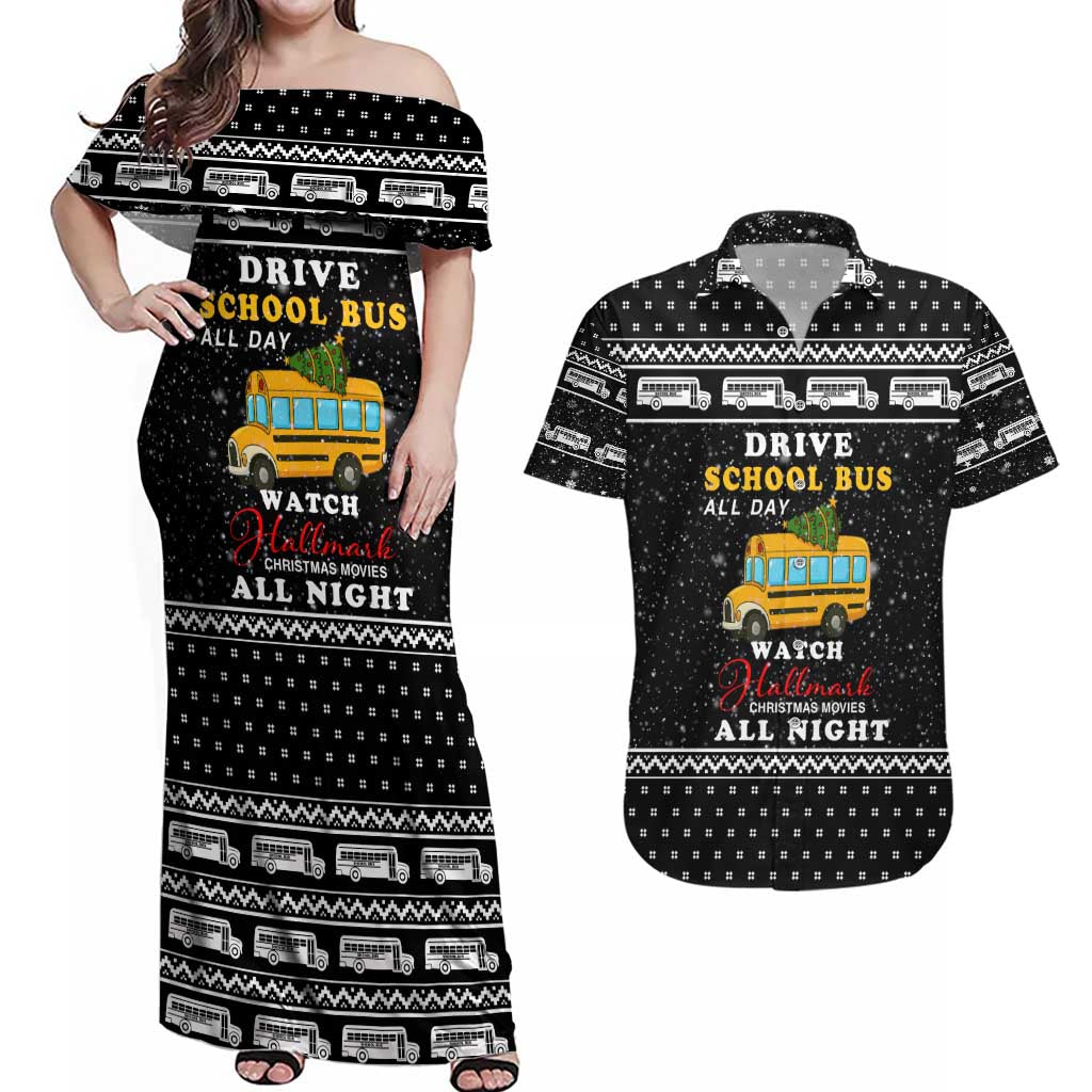 School Bus All Day Christmas Couples Matching Off Shoulder Maxi Dress and Hawaiian Shirt Xmas Holiday Patterns - Wonder Print Shop
