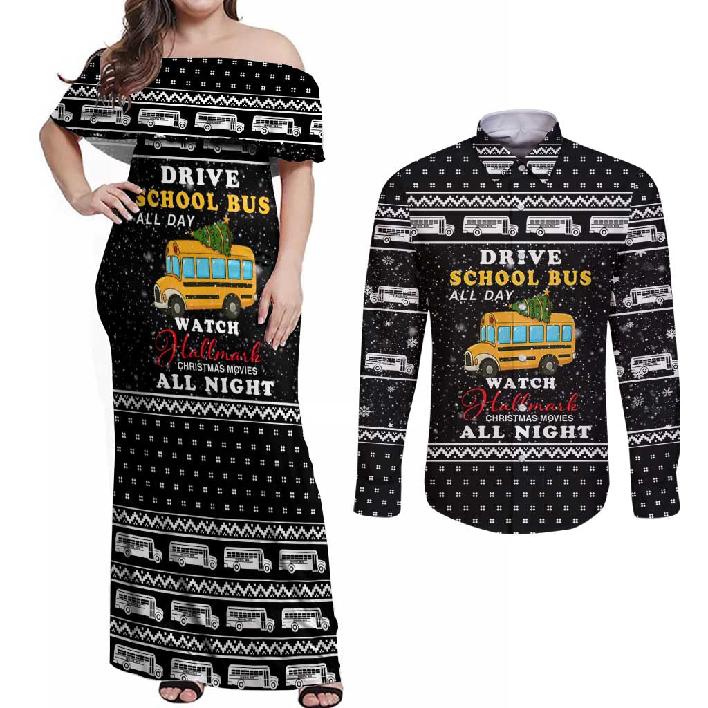 School Bus All Day Christmas Couples Matching Off Shoulder Maxi Dress and Long Sleeve Button Shirt Xmas Holiday Patterns - Wonder Print Shop