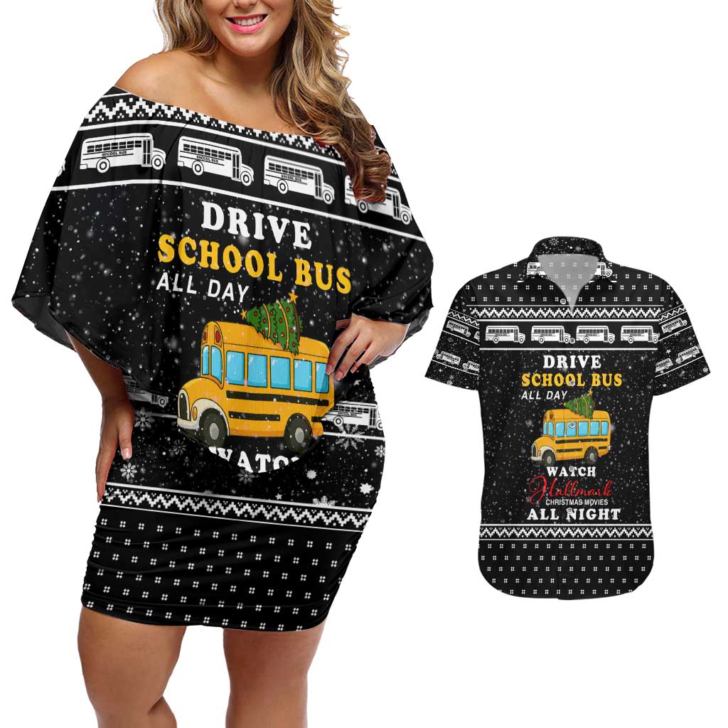 School Bus All Day Christmas Couples Matching Off Shoulder Short Dress and Hawaiian Shirt Xmas Holiday Patterns - Wonder Print Shop