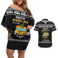 School Bus All Day Christmas Couples Matching Off Shoulder Short Dress and Hawaiian Shirt Xmas Holiday Patterns - Wonder Print Shop
