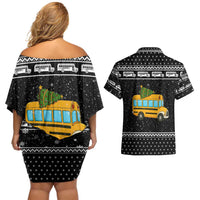 School Bus All Day Christmas Couples Matching Off Shoulder Short Dress and Hawaiian Shirt Xmas Holiday Patterns - Wonder Print Shop