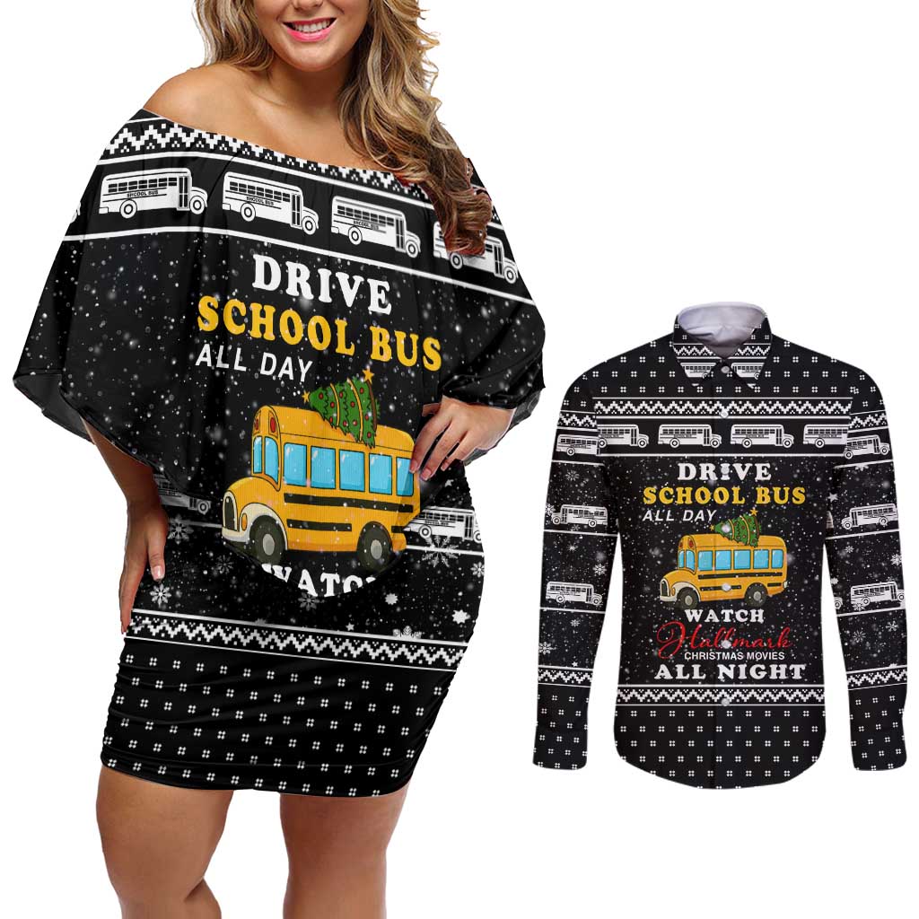 School Bus All Day Christmas Couples Matching Off Shoulder Short Dress and Long Sleeve Button Shirt Xmas Holiday Patterns - Wonder Print Shop