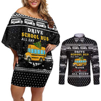 School Bus All Day Christmas Couples Matching Off Shoulder Short Dress and Long Sleeve Button Shirt Xmas Holiday Patterns - Wonder Print Shop