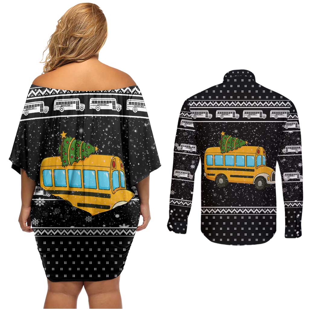 School Bus All Day Christmas Couples Matching Off Shoulder Short Dress and Long Sleeve Button Shirt Xmas Holiday Patterns - Wonder Print Shop