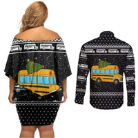 School Bus All Day Christmas Couples Matching Off Shoulder Short Dress and Long Sleeve Button Shirt Xmas Holiday Patterns - Wonder Print Shop