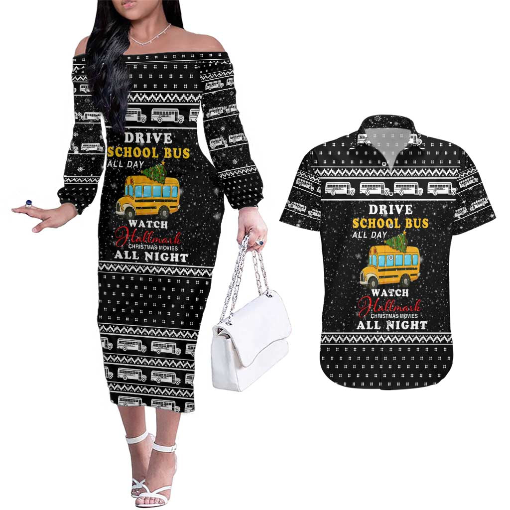 School Bus All Day Christmas Couples Matching Off The Shoulder Long Sleeve Dress and Hawaiian Shirt Xmas Holiday Patterns - Wonder Print Shop