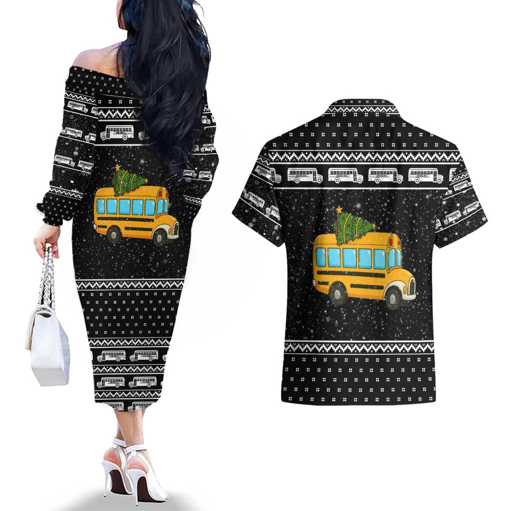 School Bus All Day Christmas Couples Matching Off The Shoulder Long Sleeve Dress and Hawaiian Shirt Xmas Holiday Patterns - Wonder Print Shop