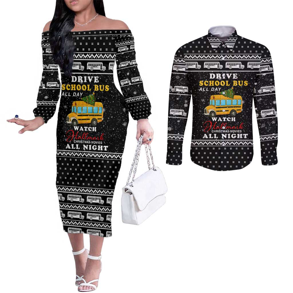 School Bus All Day Christmas Couples Matching Off The Shoulder Long Sleeve Dress and Long Sleeve Button Shirt Xmas Holiday Patterns - Wonder Print Shop