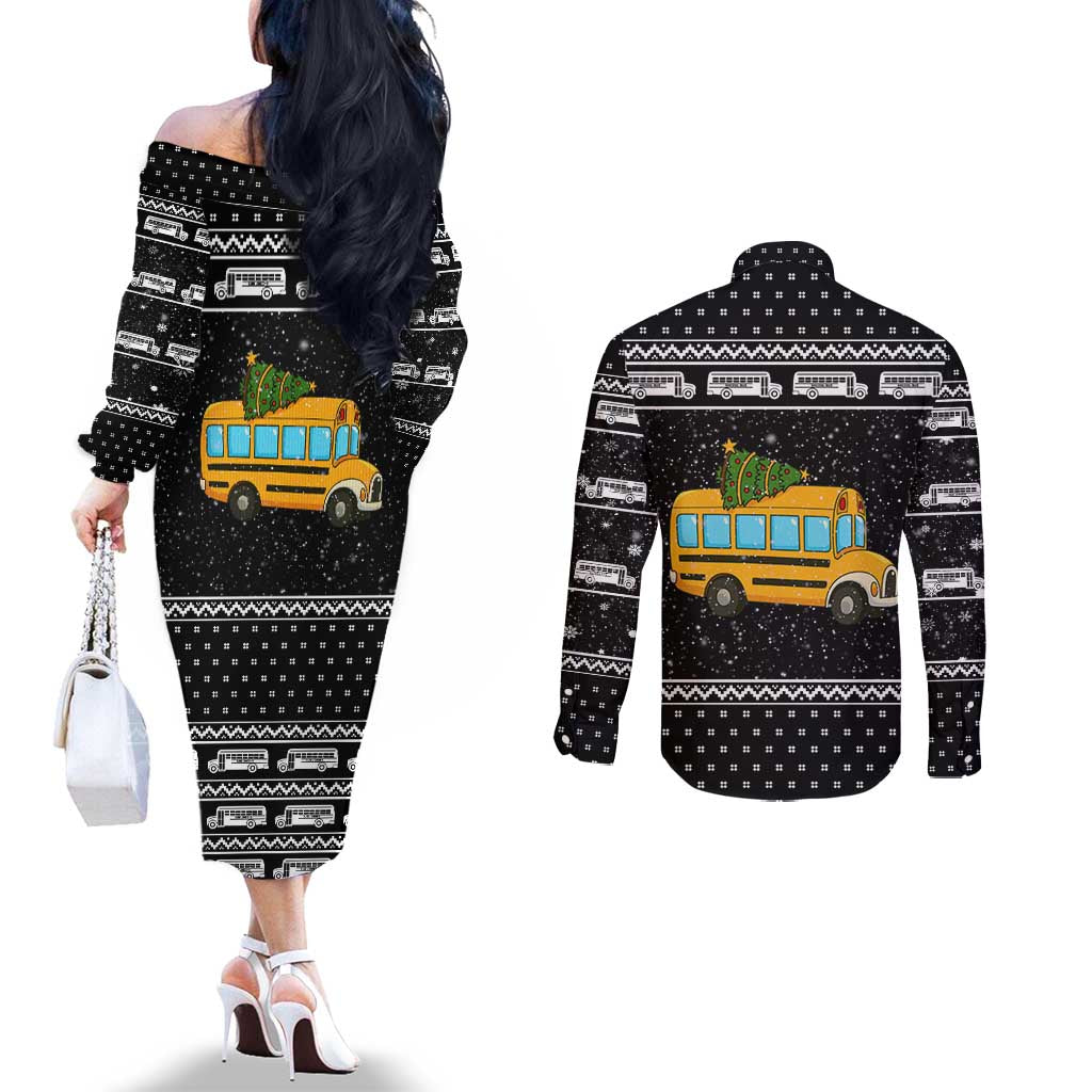 School Bus All Day Christmas Couples Matching Off The Shoulder Long Sleeve Dress and Long Sleeve Button Shirt Xmas Holiday Patterns - Wonder Print Shop