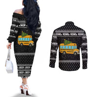 School Bus All Day Christmas Couples Matching Off The Shoulder Long Sleeve Dress and Long Sleeve Button Shirt Xmas Holiday Patterns - Wonder Print Shop
