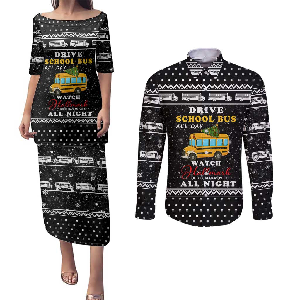 School Bus All Day Christmas Couples Matching Puletasi and Long Sleeve Button Shirt Xmas Holiday Patterns - Wonder Print Shop