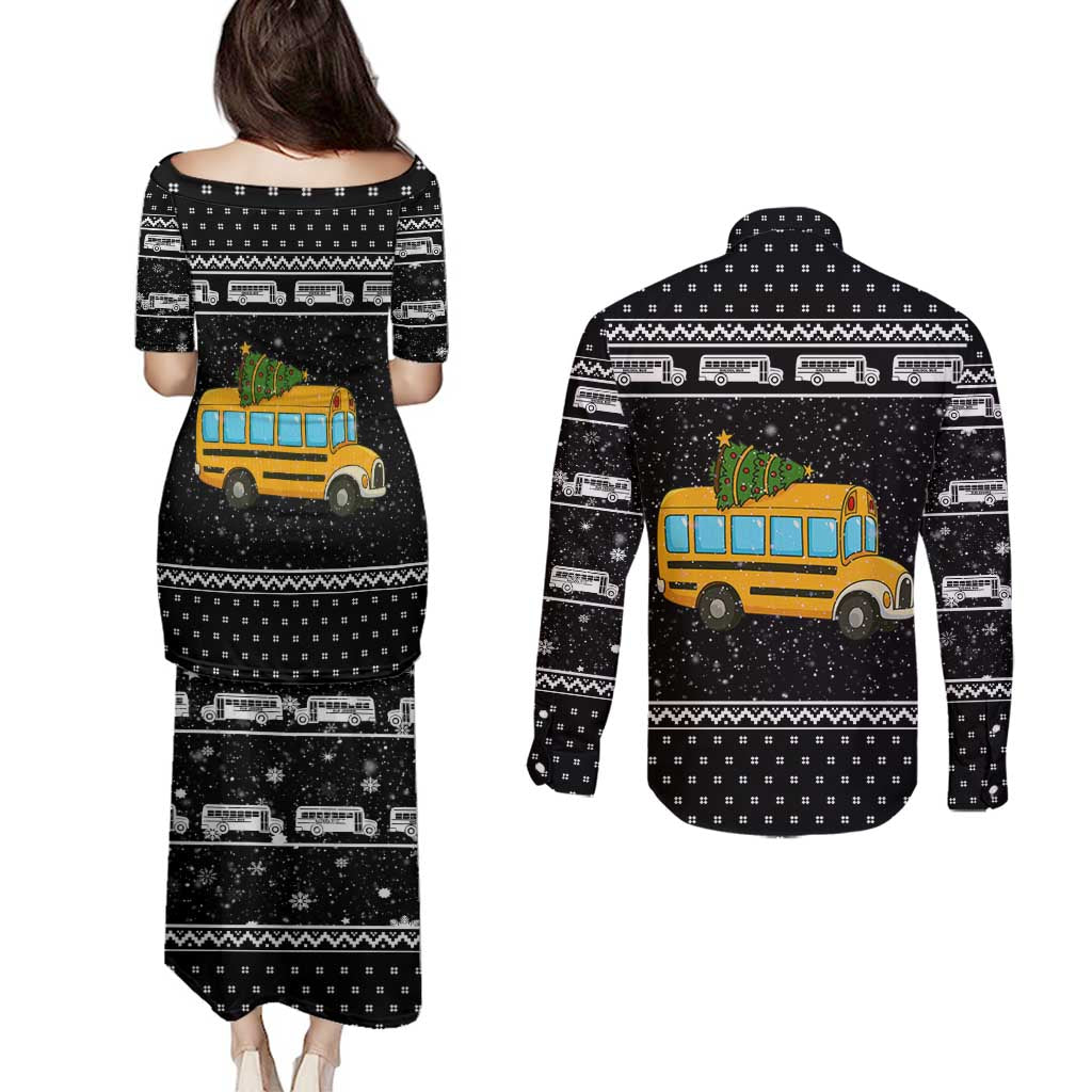 School Bus All Day Christmas Couples Matching Puletasi and Long Sleeve Button Shirt Xmas Holiday Patterns - Wonder Print Shop