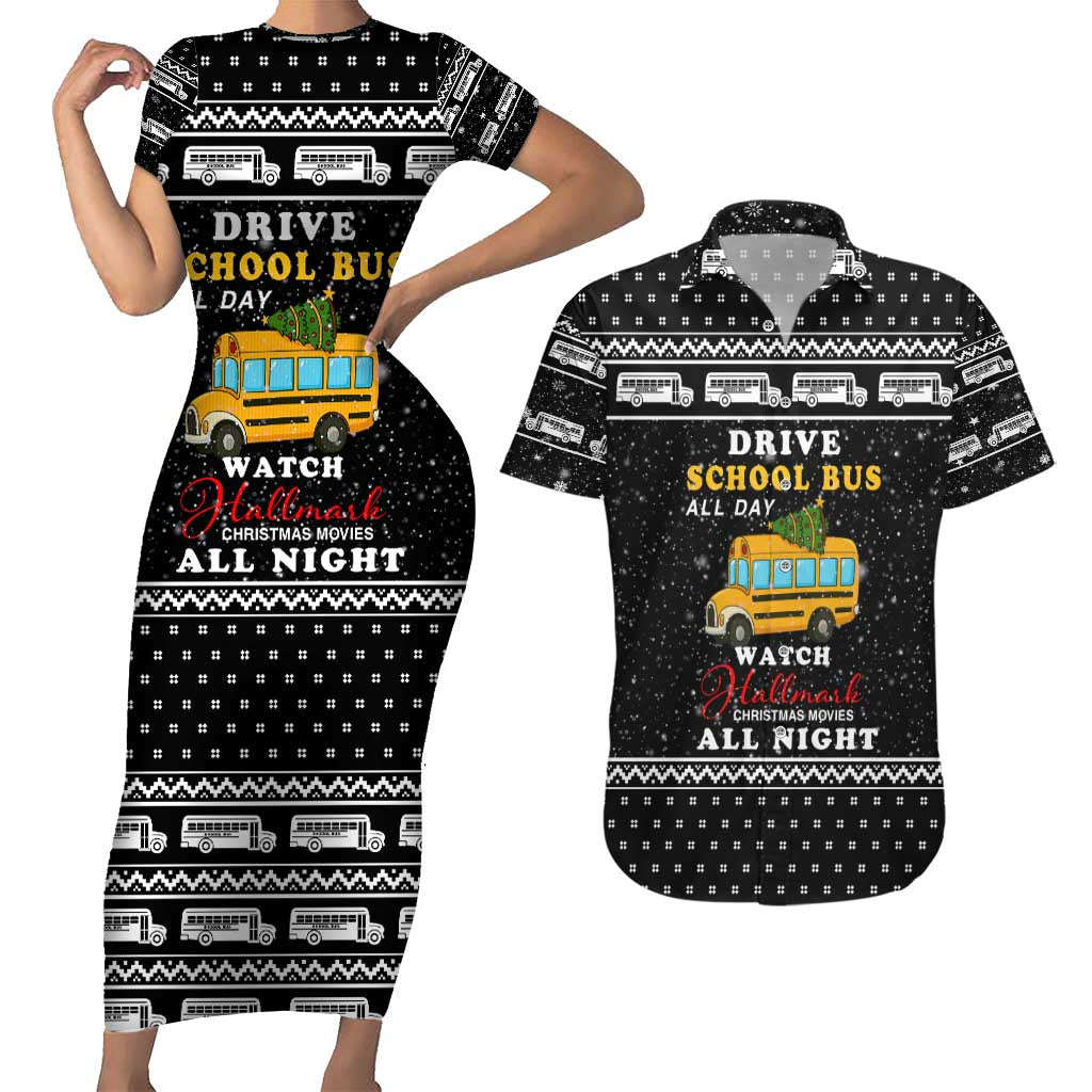 School Bus All Day Christmas Couples Matching Short Sleeve Bodycon Dress and Hawaiian Shirt Xmas Holiday Patterns - Wonder Print Shop