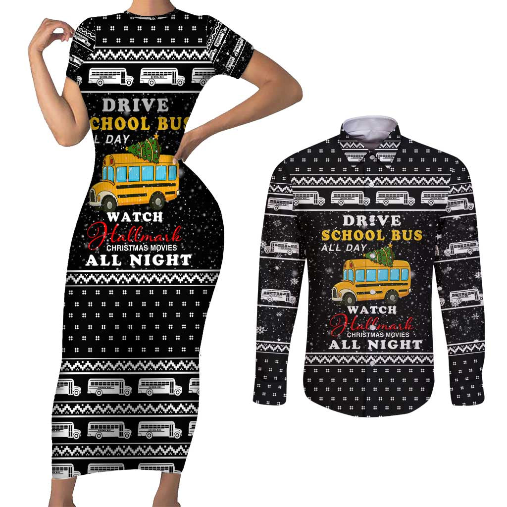 School Bus All Day Christmas Couples Matching Short Sleeve Bodycon Dress and Long Sleeve Button Shirt Xmas Holiday Patterns - Wonder Print Shop