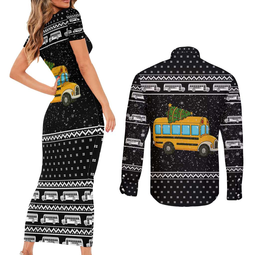 School Bus All Day Christmas Couples Matching Short Sleeve Bodycon Dress and Long Sleeve Button Shirt Xmas Holiday Patterns - Wonder Print Shop