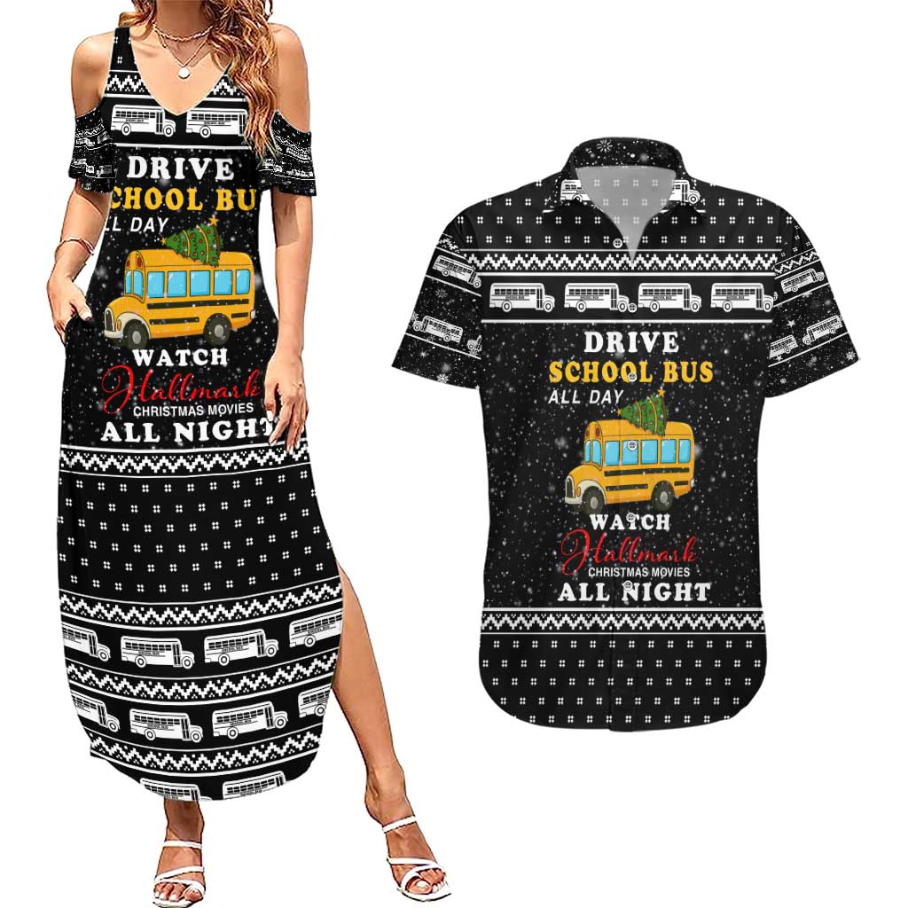 School Bus All Day Christmas Couples Matching Summer Maxi Dress and Hawaiian Shirt Xmas Holiday Patterns - Wonder Print Shop