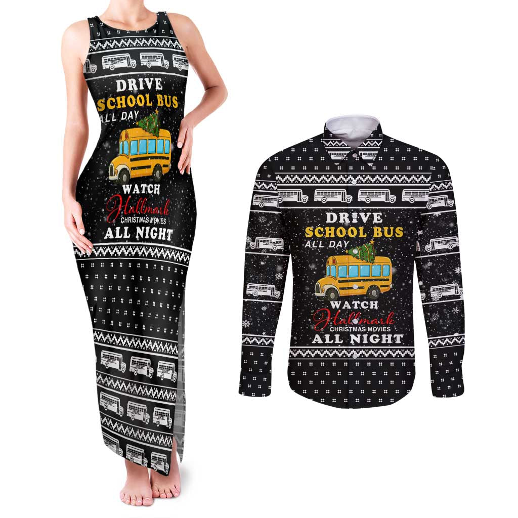 School Bus All Day Christmas Couples Matching Tank Maxi Dress and Long Sleeve Button Shirt Xmas Holiday Patterns - Wonder Print Shop