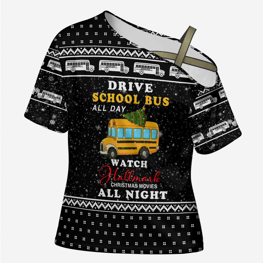 School Bus All Day Christmas Cross Shoulder Shirt Xmas Holiday Patterns - Wonder Print Shop