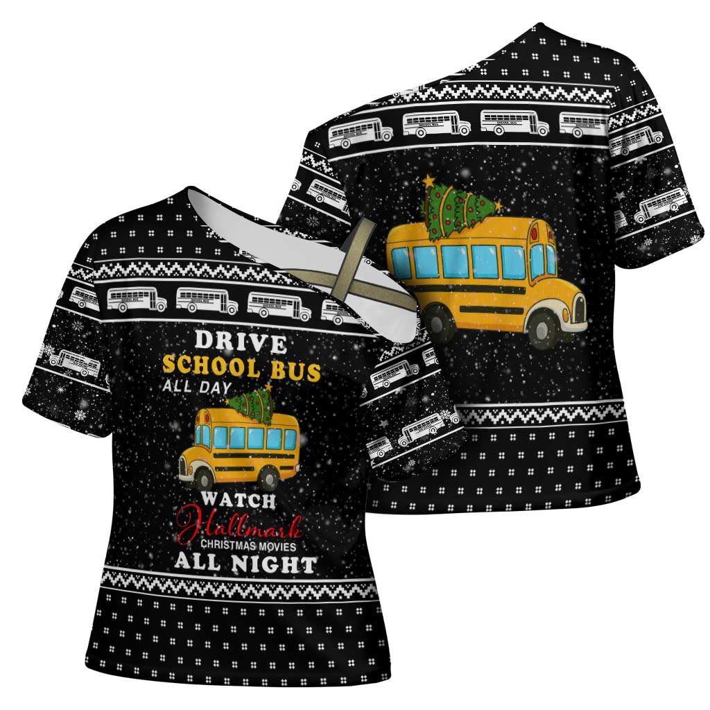 School Bus All Day Christmas Cross Shoulder Shirt Xmas Holiday Patterns - Wonder Print Shop