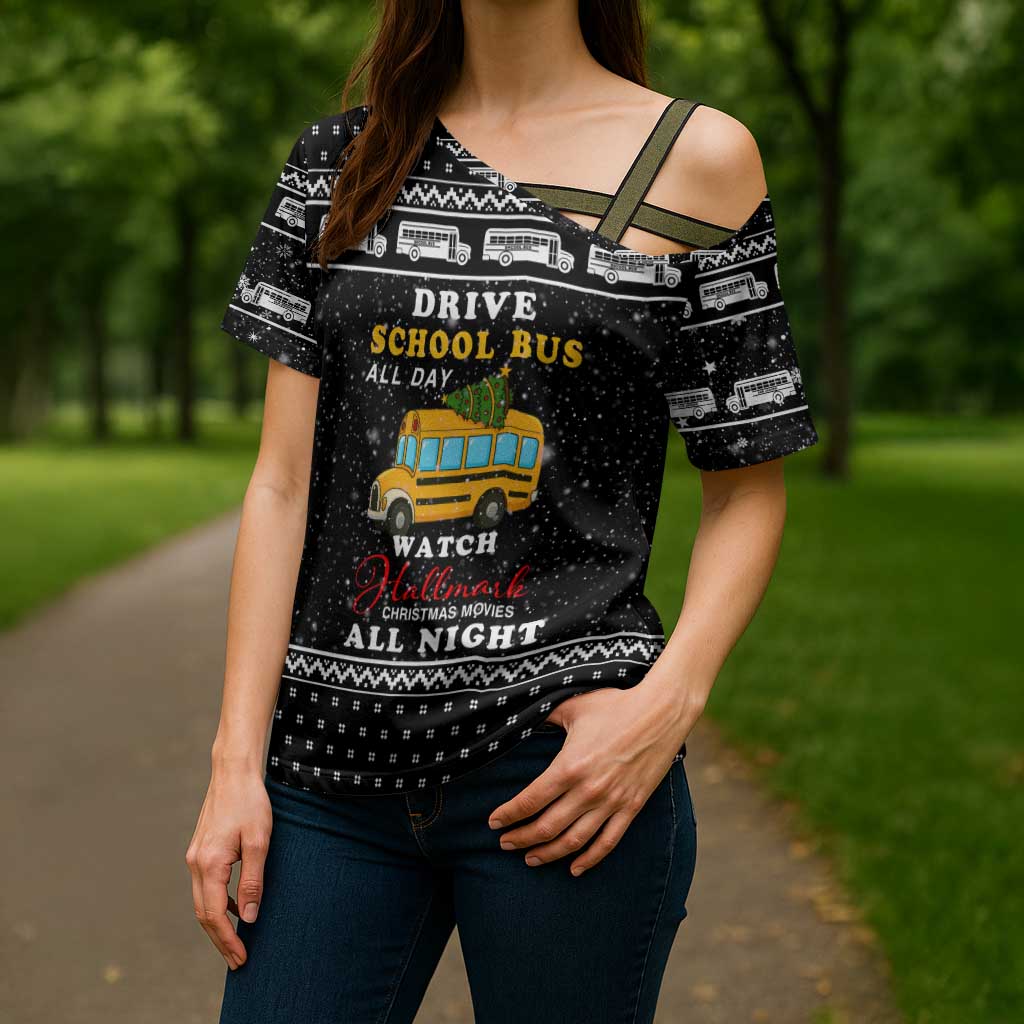 School Bus All Day Christmas Cross Shoulder Shirt Xmas Holiday Patterns - Wonder Print Shop