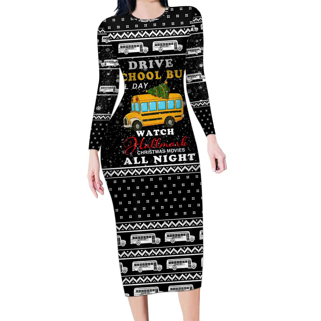 School Bus All Day Christmas Family Matching Long Sleeve Bodycon Dress and Hawaiian Shirt Xmas Holiday Patterns - Wonder Print Shop