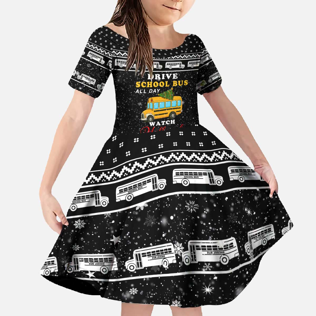 School Bus All Day Christmas Family Matching Off The Shoulder Long Sleeve Dress and Hawaiian Shirt Xmas Holiday Patterns - Wonder Print Shop