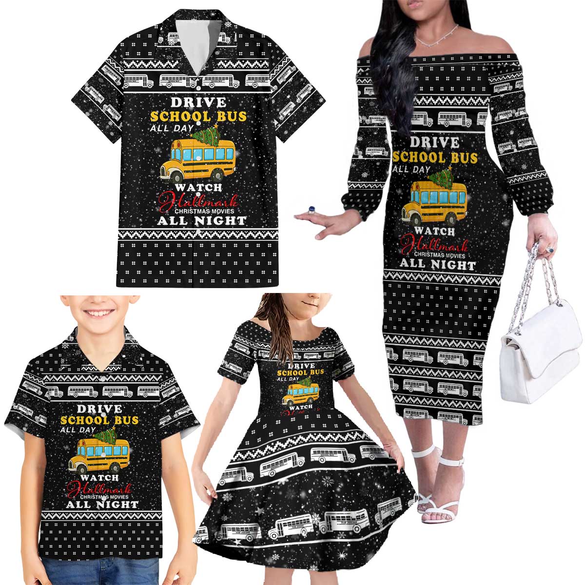 School Bus All Day Christmas Family Matching Off The Shoulder Long Sleeve Dress and Hawaiian Shirt Xmas Holiday Patterns - Wonder Print Shop