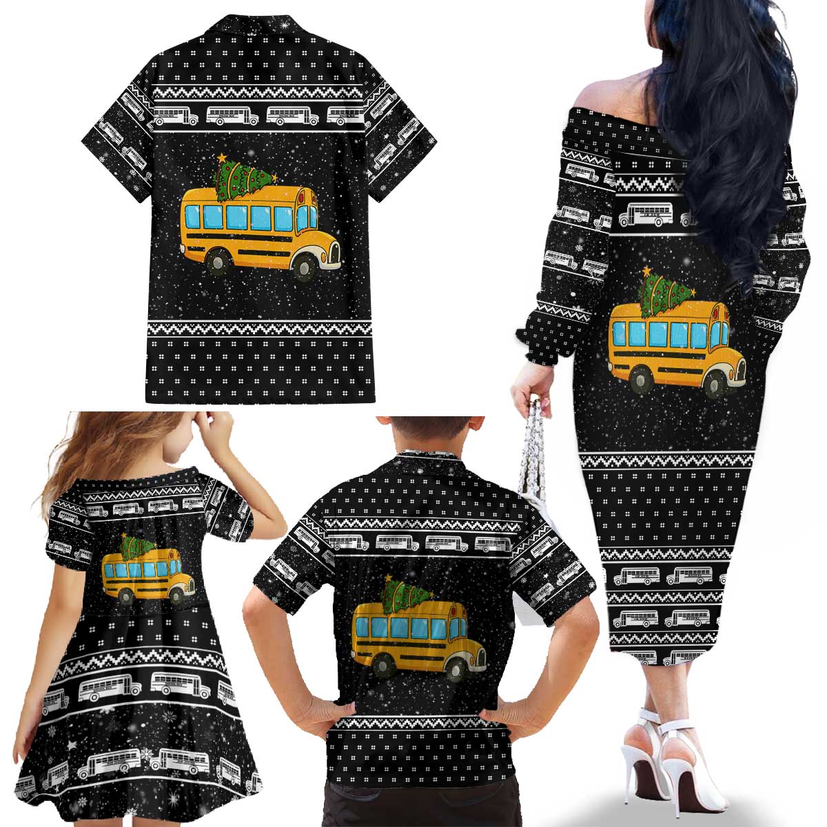 School Bus All Day Christmas Family Matching Off The Shoulder Long Sleeve Dress and Hawaiian Shirt Xmas Holiday Patterns - Wonder Print Shop