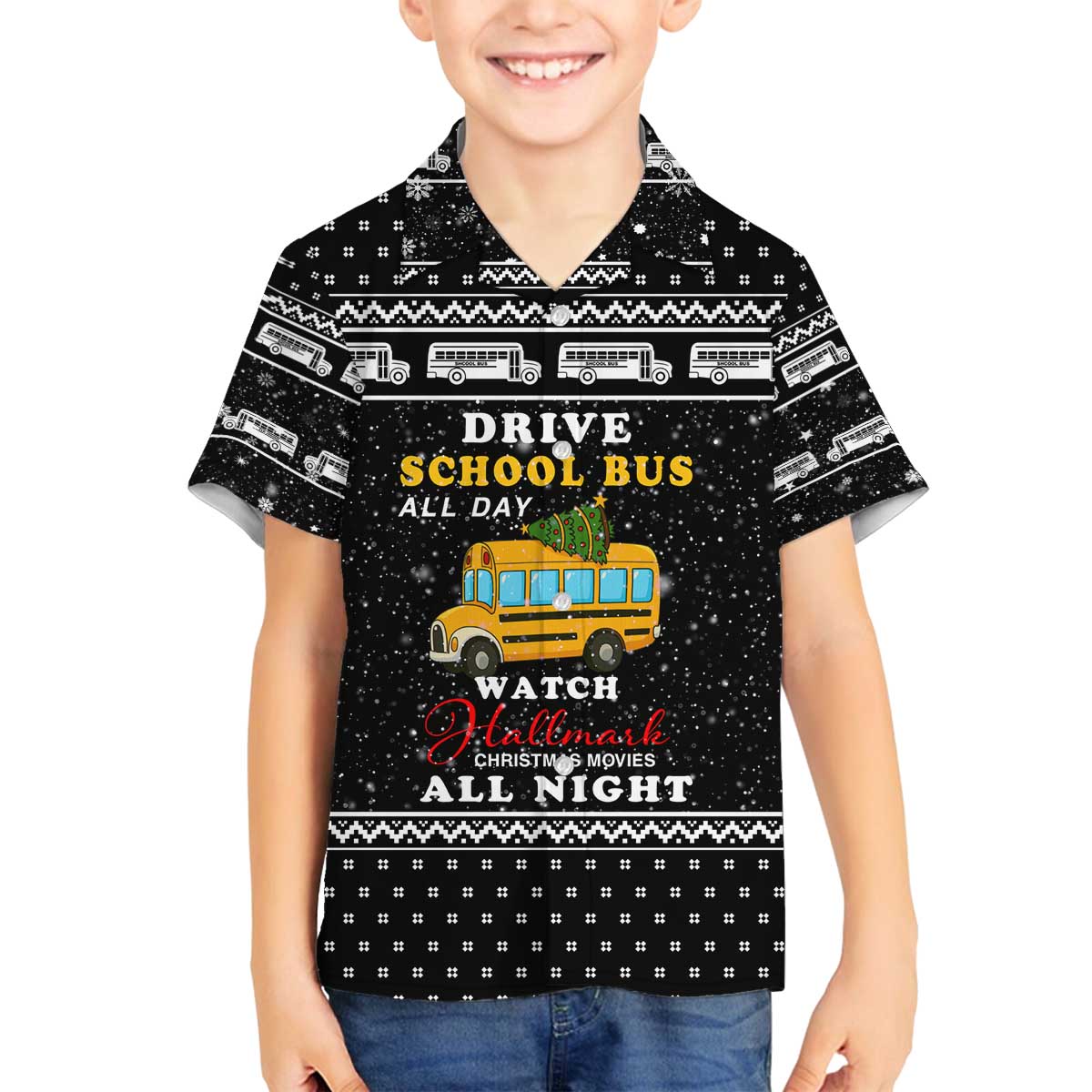 School Bus All Day Christmas Family Matching Off The Shoulder Long Sleeve Dress and Hawaiian Shirt Xmas Holiday Patterns - Wonder Print Shop