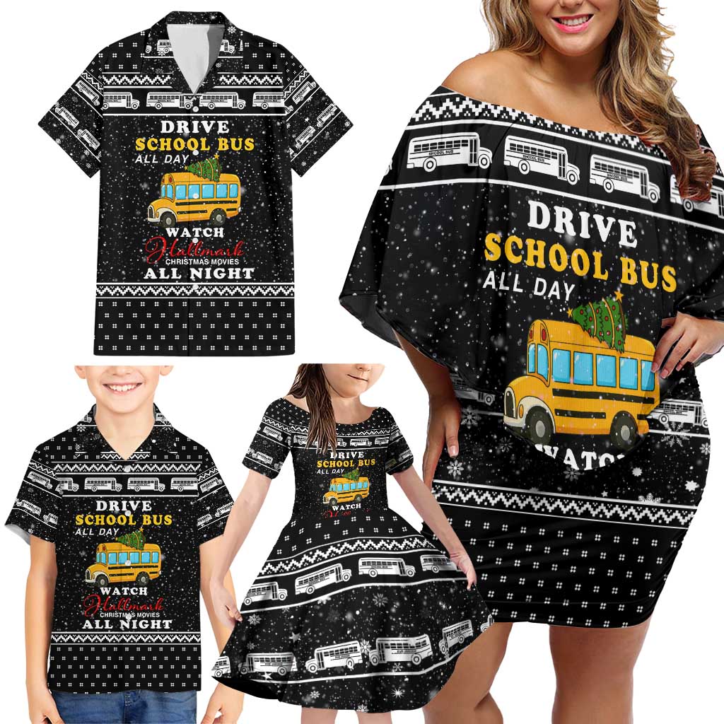 School Bus All Day Christmas Family Matching Off Shoulder Short Dress and Hawaiian Shirt Xmas Holiday Patterns - Wonder Print Shop