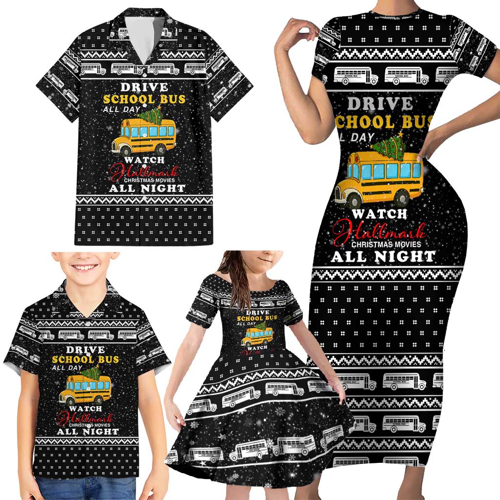 School Bus All Day Christmas Family Matching Short Sleeve Bodycon Dress and Hawaiian Shirt Xmas Holiday Patterns - Wonder Print Shop