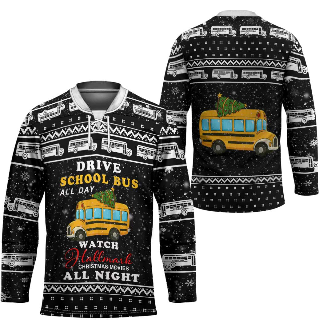 School Bus All Day Christmas Hockey Jersey Xmas Holiday Patterns - Wonder Print Shop