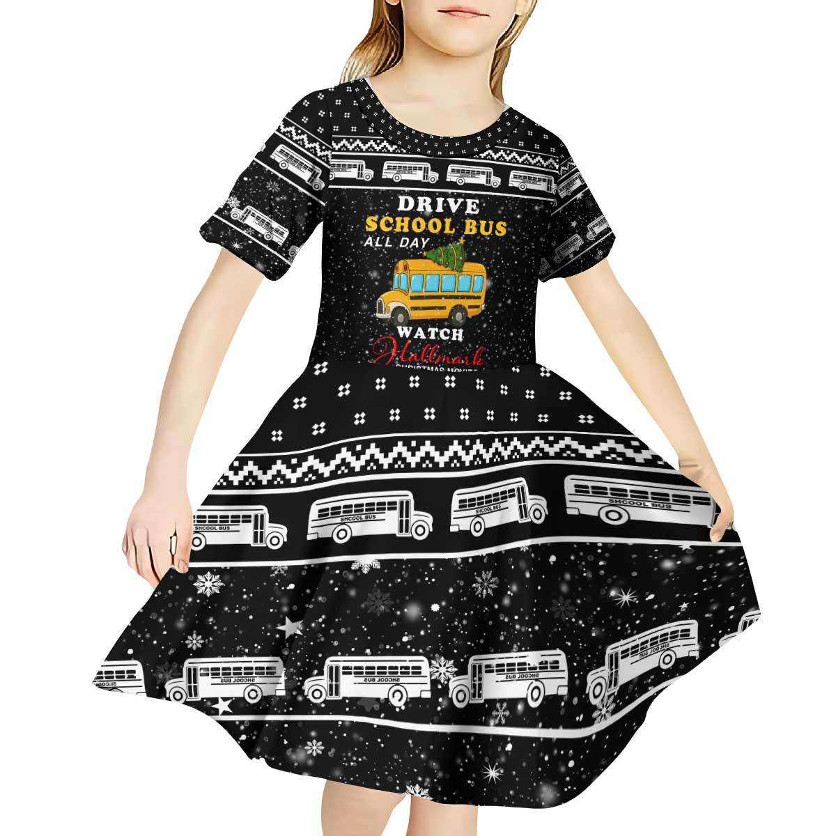 School Bus All Day Christmas Kid Short Sleeve Dress Xmas Holiday Patterns - Wonder Print Shop