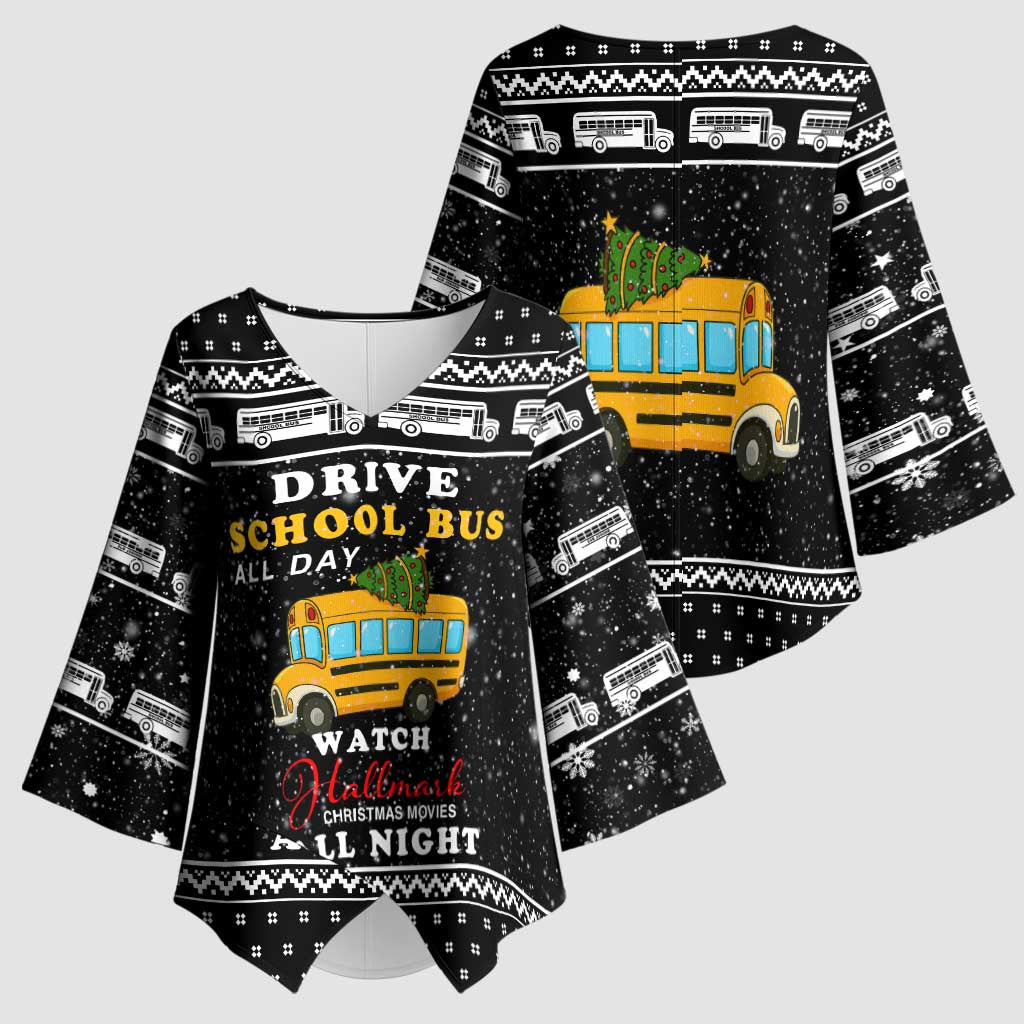 School Bus All Day Christmas Kimono Sleeve Blouse Xmas Holiday Patterns - Wonder Print Shop