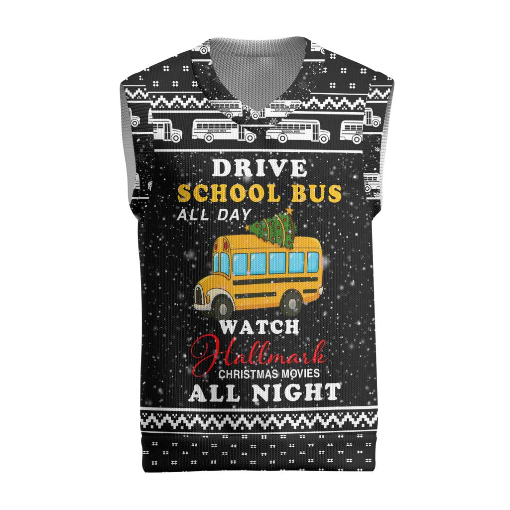 School Bus All Day Christmas Knitted V-Neck Vest Xmas Holiday Patterns - Wonder Print Shop