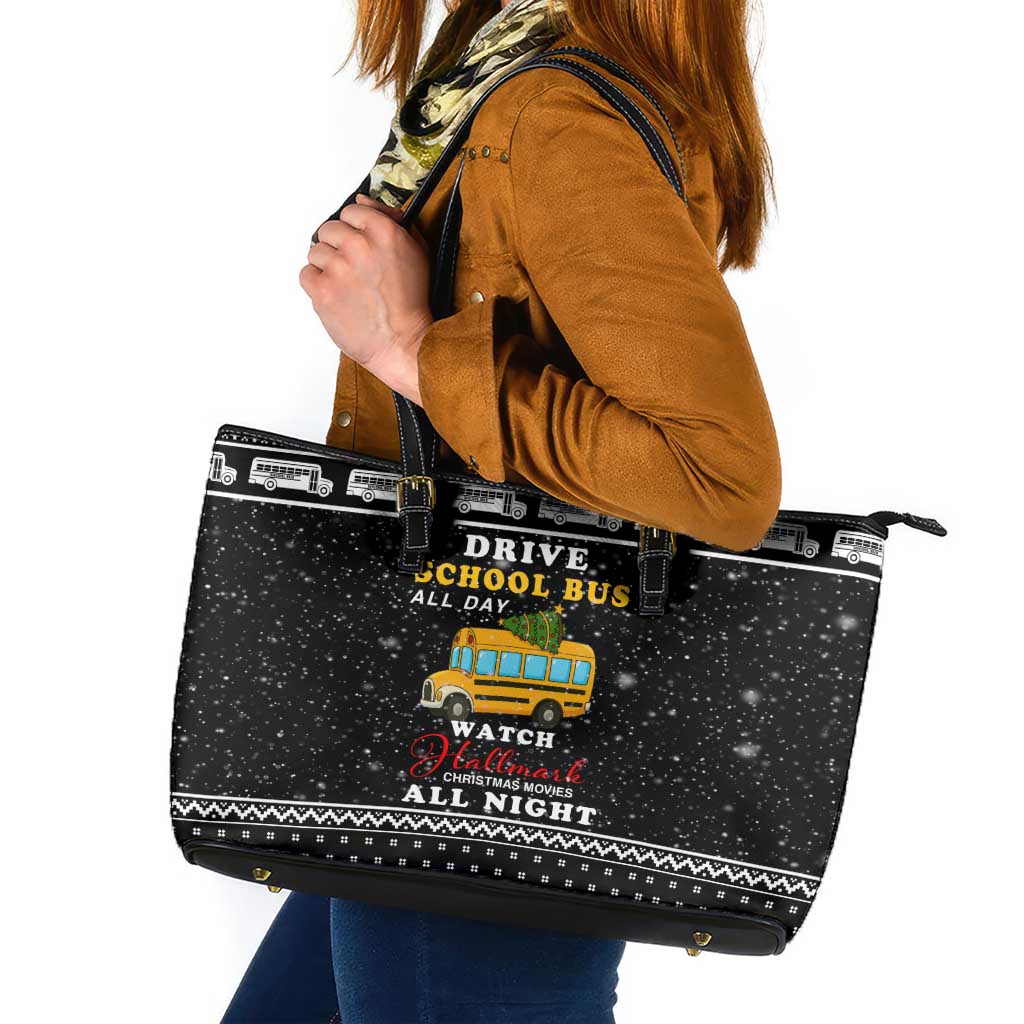School Bus All Day Christmas Leather Tote Bag Xmas Holiday Patterns - Wonder Print Shop