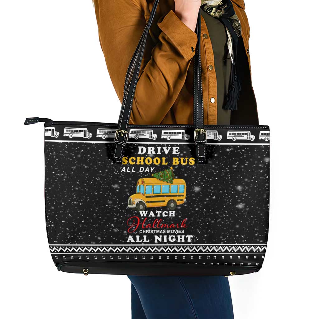 School Bus All Day Christmas Leather Tote Bag Xmas Holiday Patterns - Wonder Print Shop