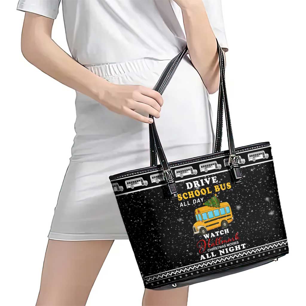 School Bus All Day Christmas Leather Tote Bag Xmas Holiday Patterns - Wonder Print Shop