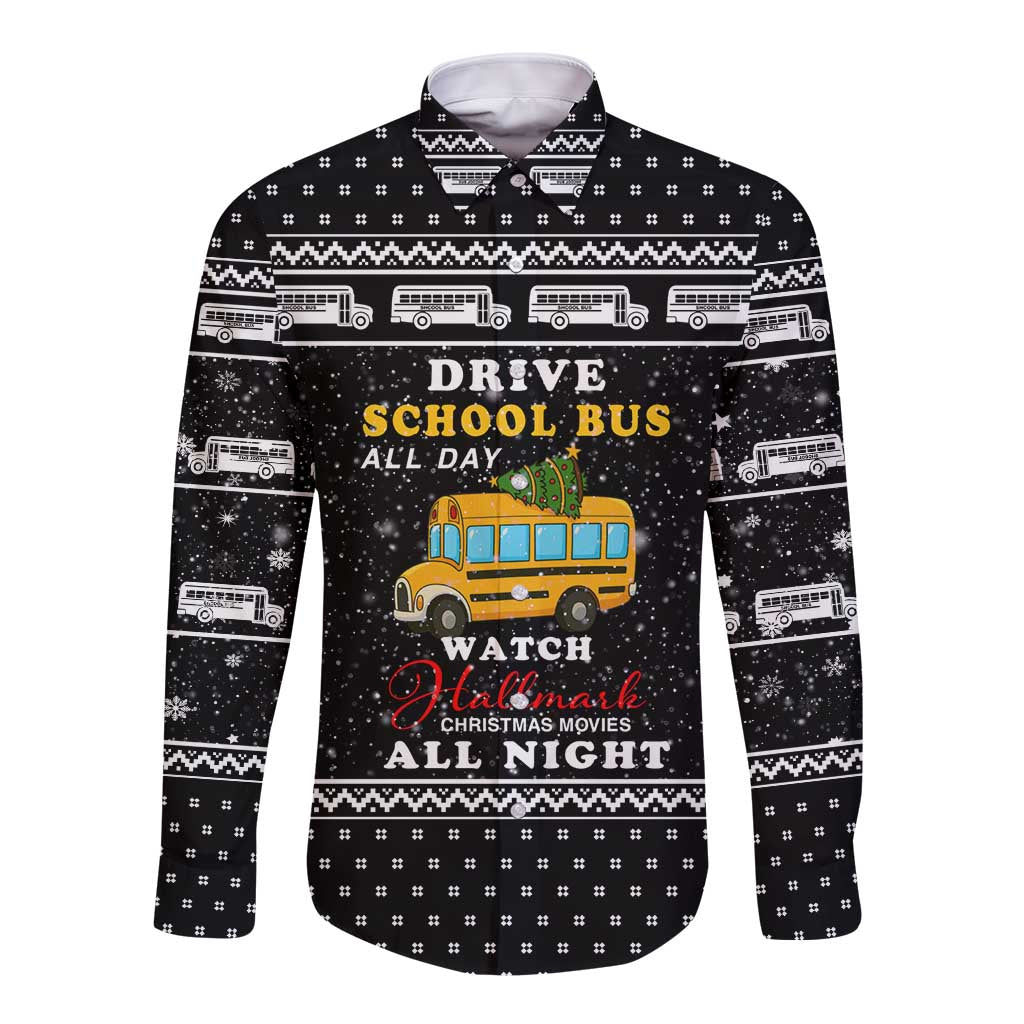 School Bus All Day Christmas Long Sleeve Button Shirt Xmas Holiday Patterns - Wonder Print Shop