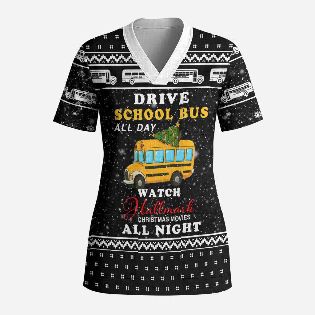 School Bus All Day Christmas Scrub Top Xmas Holiday Patterns - Wonder Print Shop