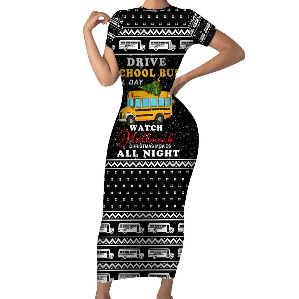 School Bus All Day Christmas Short Sleeve Bodycon Dress Xmas Holiday Patterns - Wonder Print Shop