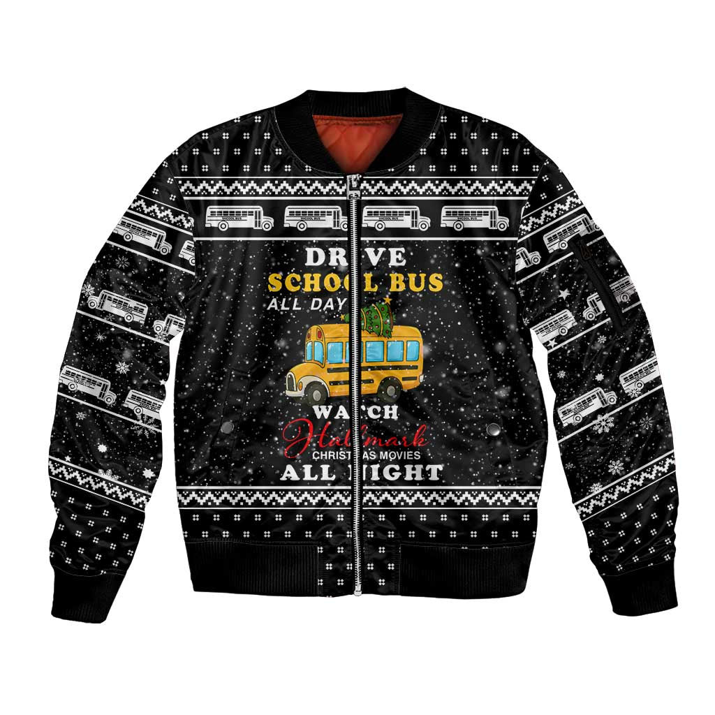 School Bus All Day Christmas Sleeve Zip Bomber Jacket Xmas Holiday Patterns - Wonder Print Shop