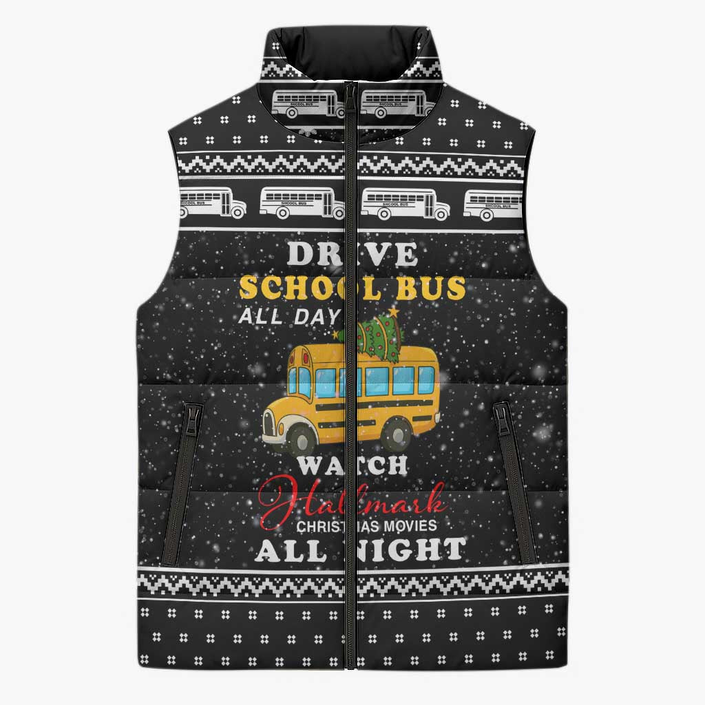 School Bus All Day Christmas Sleeveless Puffer Jacket Xmas Holiday Patterns - Wonder Print Shop