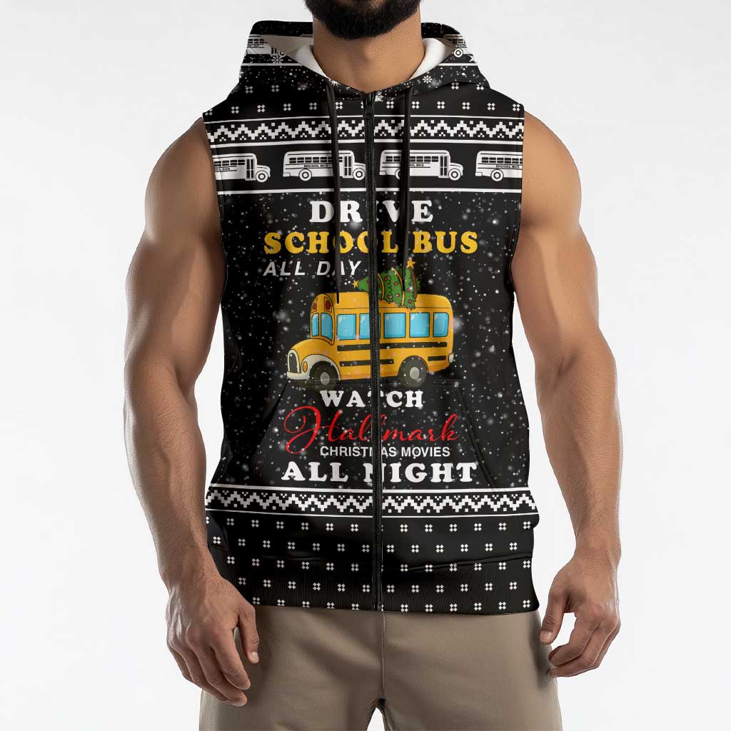 School Bus All Day Christmas Sleeveless Zip Hoodie Xmas Holiday Patterns - Wonder Print Shop