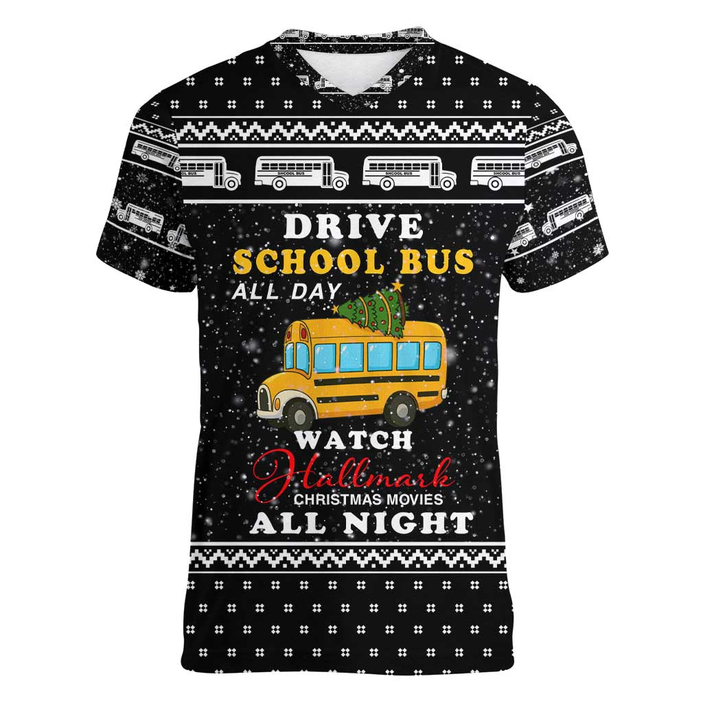 School Bus All Day Christmas Women V-Neck T-Shirt Xmas Holiday Patterns - Wonder Print Shop