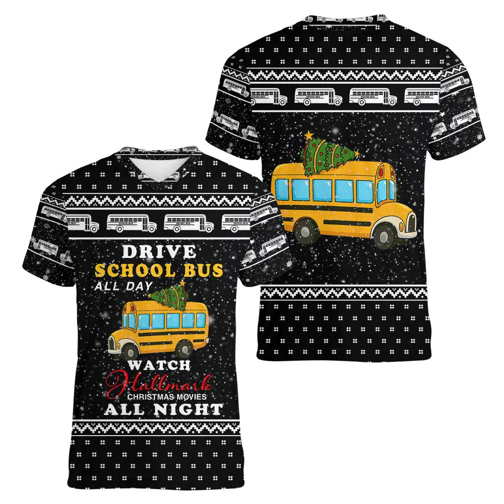 School Bus All Day Christmas Women V-Neck T-Shirt Xmas Holiday Patterns - Wonder Print Shop