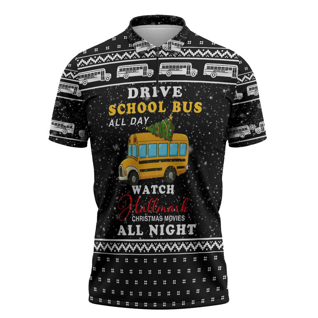 School Bus All Day Christmas Zipper Polo Shirt Xmas Holiday Patterns - Wonder Print Shop