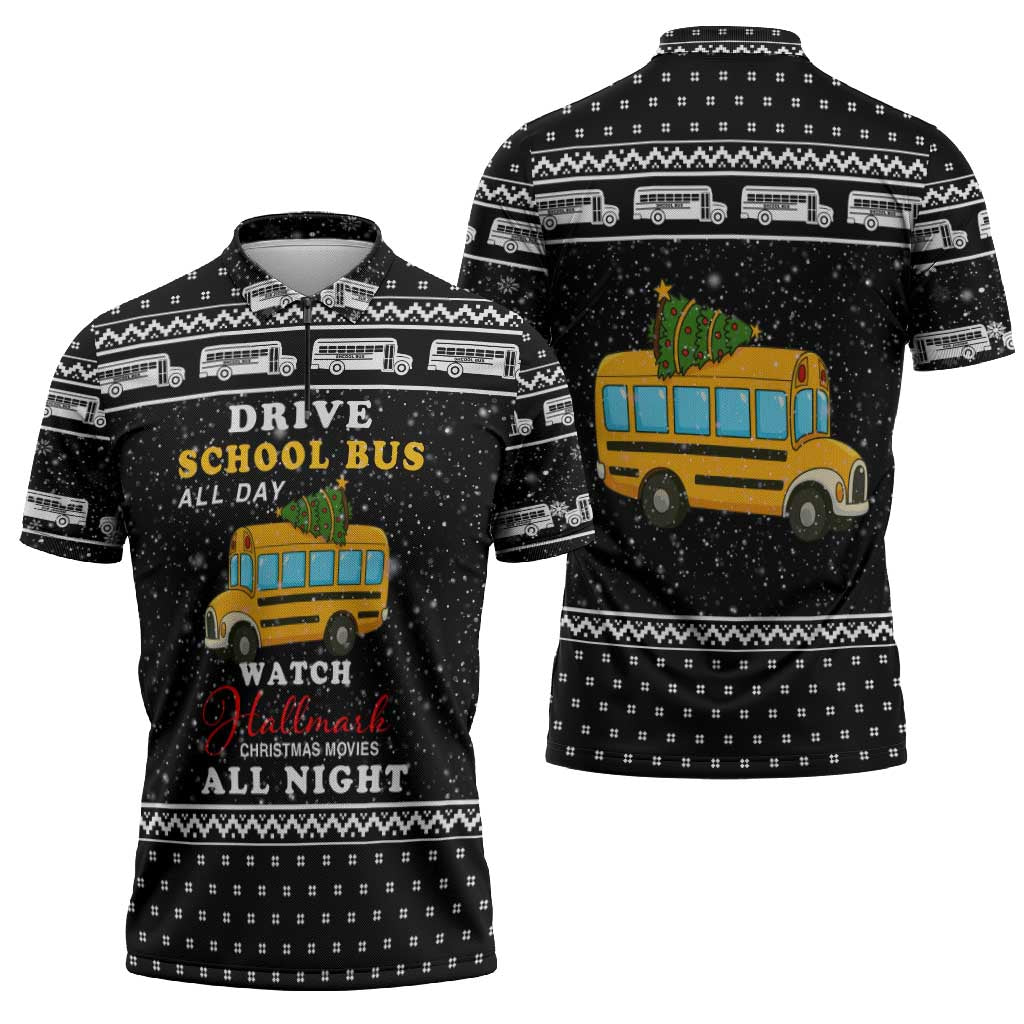 School Bus All Day Christmas Zipper Polo Shirt Xmas Holiday Patterns - Wonder Print Shop