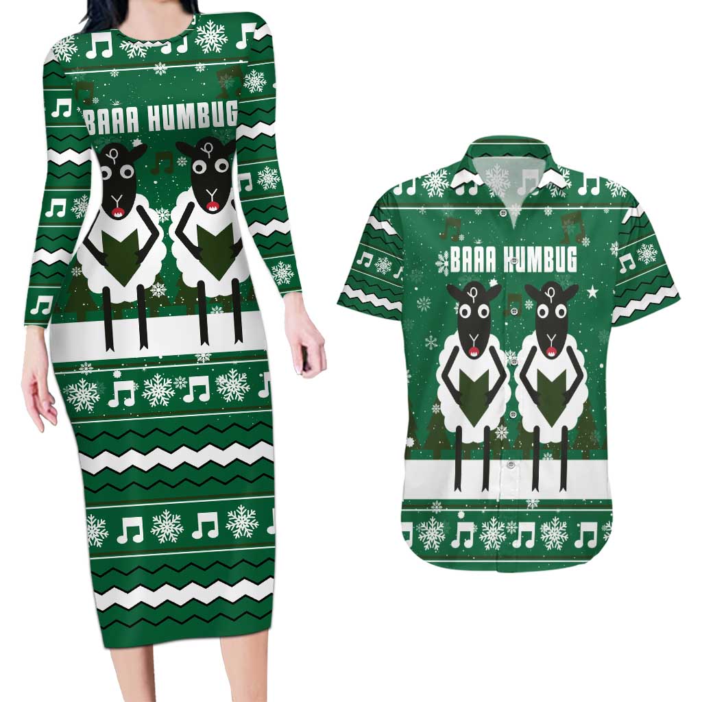 Sheep Baaa Humbug Christmas Couples Matching Long Sleeve Bodycon Dress and Hawaiian Shirt Xmas Holiday Patterns - Wonder Print Shop