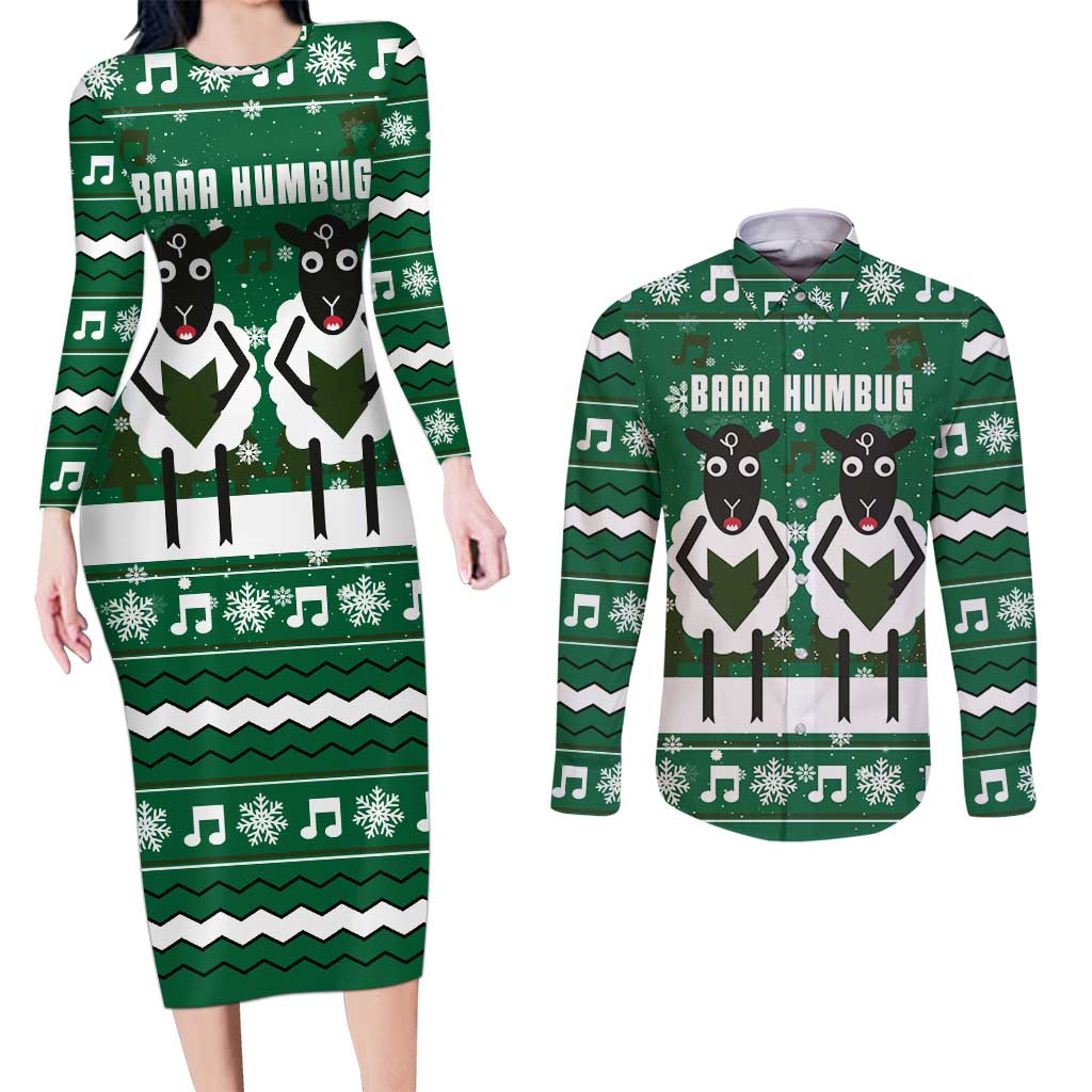 Sheep Baaa Humbug Christmas Couples Matching Long Sleeve Bodycon Dress and Long Sleeve Button Shirt Xmas Holiday Patterns - Wonder Print Shop